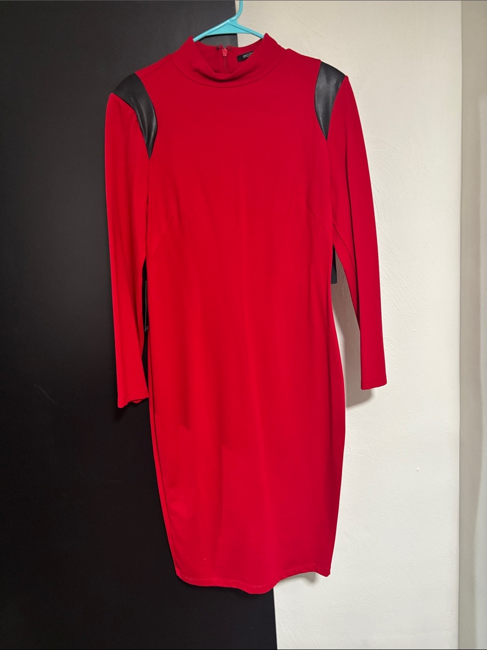 The Limited Red Long-Sleeve Sheath Dress with Black Shoulder Panels